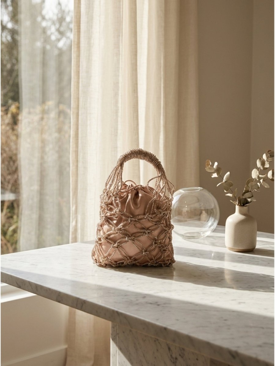 Rose Gold Beaded Mesh Evening Handbag - GAIIA
